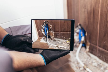 Téléchargez les photos : Handyman taking a photo of a damaged wall in the bathroom for insurance and verification purposes - en image libre de droit