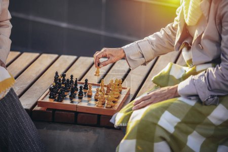 Téléchargez les photos : Deux femmes plus âgées jouant aux échecs et s'amusant avec dans le parc coloré à l'automne - en image libre de droit