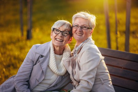 Téléchargez les photos : Deux femmes plus âgées regardent et sourient à la caméra dans le parc coloré à l'automne - en image libre de droit