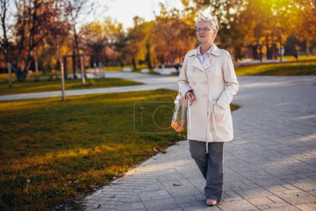 Foto de Una mujer mayor caminando en el colorido parque y disfrutando de la vista con sus comestibles en el otoño - Imagen libre de derechos
