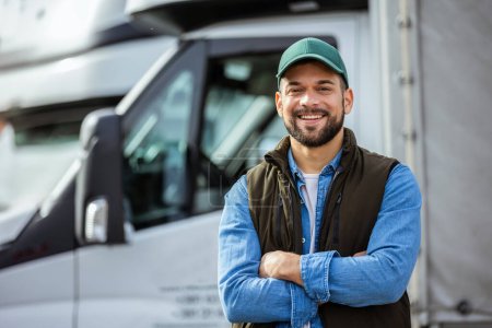 Téléchargez les photos : Conducteur masculin confiant heureux debout devant son camion - en image libre de droit