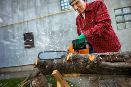 Foto de Hombre cortando madera con sierra, polvo y movimientos. Sierra de cadena
. - Imagen libre de derechos