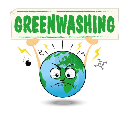 Ilustración de la tierra con un cartel donde se escribe Greenwashing. Es una metáfora de la comercialización falsa de algunas marcas sobre el calentamiento global del clima y la protección de la tierra.