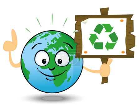 Illustration for Illustration of earth with a placard with a recycling sign. It is a metaphor of the importance to recycling. - Royalty Free Image