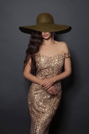 Foto de Mujer con estilo en amplio sombrero de ala ancha marrón con pelo largo y maquillaje sobre fondo negro - Imagen libre de derechos