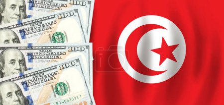 Téléchargez les photos : Dollars sur drapeau tunisien, finance tunisienne, subventions, soutien social, concept de PIB - en image libre de droit