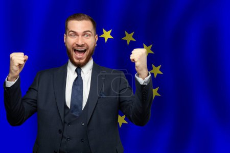 Photo for European happy businessman on the background of flag of EU Business, education, degree and citizenship concept - Royalty Free Image