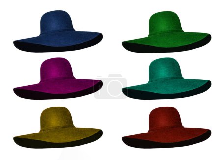 Photo for Broad brim wide hats of pink, blue, green, red, yellow and turquoise colours isolated on white background - Royalty Free Image