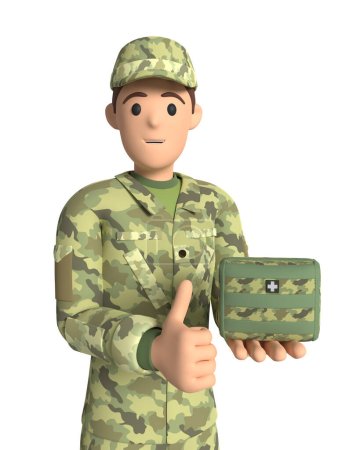 Foto de Médico sonriente con uniforme militar y botiquín de primeros auxilios. Un joven con traje de soldado del ejército. renderizado 3d - Imagen libre de derechos