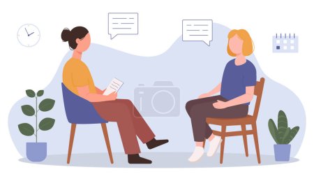 Asesora psicóloga. El médico y el paciente discuten problemas. Ilustración vectorial para asesoramiento, terapia, psicología, concepto de apoyo