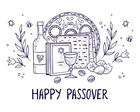 Téléchargez les illustrations : Passover greeting card, poster, invitation. Jewish holiday. Passover template for your design with matzah, wine bottle, glass, torah and spring flowers. Happy Passover inscription. Vector - en licence libre de droit