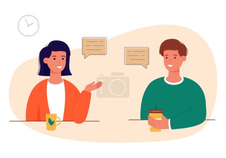 Woman and a man are talking to each other. Two employees are chatting and discussing the news. Friends conduct a dialogue about their affairs and hobbies. Speech bubble. Vector illustration