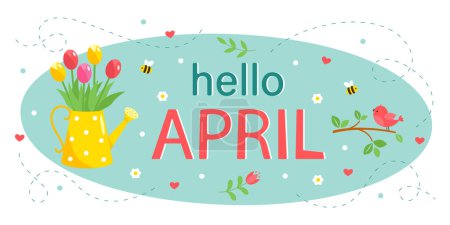 Illustration for Hello April. Postcard with a watering can and a bouquet of tulips. Cute birds on a branch and bees with flowers. Design for printing a calendar, postcard, banner. Vector - Royalty Free Image