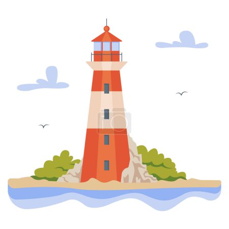 Illustration for Cartoon sea landscape with lighthouse on island. Illustration with lighthouse on rocky coast in ocean. Vector illustration - Royalty Free Image