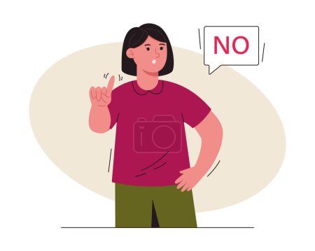 Woman says no and showing stop with one finger, taboo sign, negates with a facial expression. No, she makes a stop gesture. Concept of denial, refusal. Vector illustration