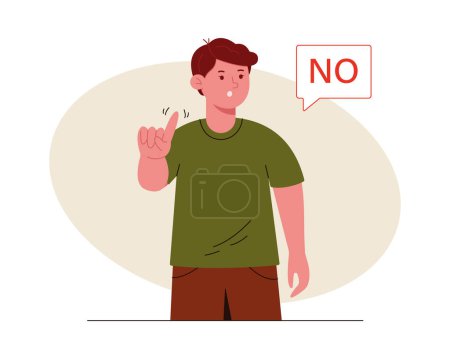 Man says no and showing stop with one finger, taboo sign, negates with a facial expression. No, he makes a stop gesture. Vector illustration