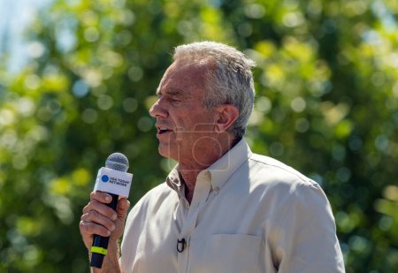 Photo for Des Moines, Iowa / USA - August 12, 2023: Author and Democratic presidential candidate Robert F. Kennedy Jr. greets supporters at the Iowa State Fair political soapbox in Des Moines, Iowa. - Royalty Free Image