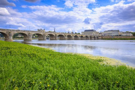 Ciudad de Saumur, Francia, situada en el río Loira bajo un hermoso paisaje nublado durante el día.