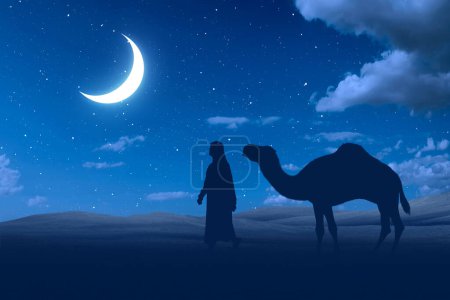 Téléchargez les photos : Silhouette d'un homme et chameau traversant le désert avec un fond de scène nocturne - en image libre de droit