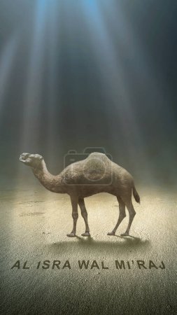 Téléchargez les photos : Camel crossing the desert with Isra Miraj text with the light background - en image libre de droit