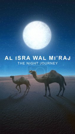 Téléchargez les photos : Camel crossing the desert with Isra Miraj text with the night scene background - en image libre de droit