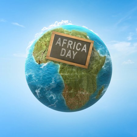 Foto de Texto del día Tierra con África en mapas de África con un fondo de cielo. África concepto de día - Imagen libre de derechos