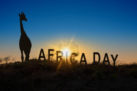Foto de Silueta de una jirafa con texto del día de África en el campo con fondo de escena del amanecer. África concepto de día - Imagen libre de derechos