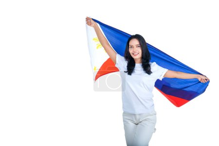 Photo for Asian women celebrate the Philippines independence day on 12 June by holding the Philippines flag isolated over white background - Royalty Free Image