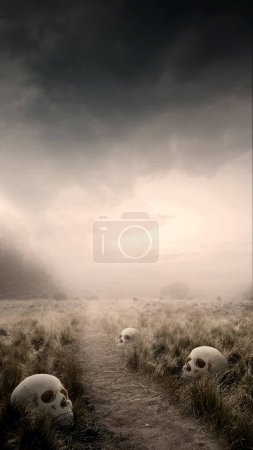 Campo de pradera con cráneos de cabeza humana y nubes dramáticas. concepto de fondo de Halloween miedo