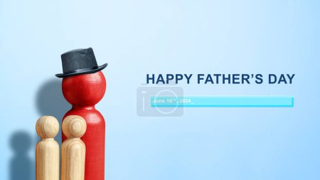 Photo for Wooden dolls figurine of father and children, happy father's day idea on a blue background. Togetherness relationship, protect, support and family concept. - Royalty Free Image