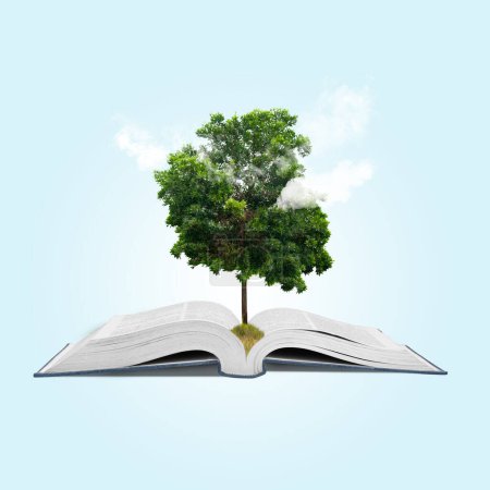 Téléchargez les photos : Ouvrez un livre avec un arbre en croissance avec un fond coloré. Journée mondiale du livre concept - en image libre de droit