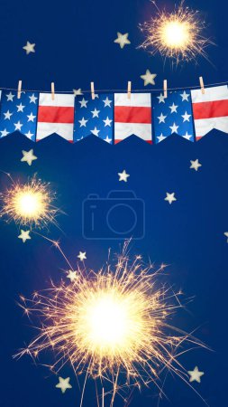Photo for Closeup view of the American flag hanging on the rope with fireworks background. 4th of July concept - Royalty Free Image