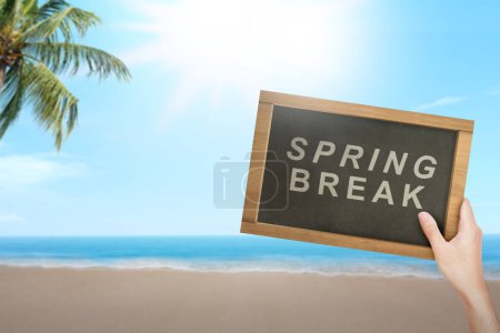 Human hand holding small chalkboard with Spring Break text on the beach. Spring break concept
