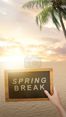 Foto de Summer break is shown man hand holding chalkboard with text against the beautiful sunset on the beach. Summertime concept idea. - Imagen libre de derechos