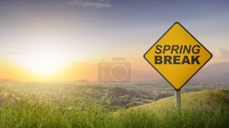 Photo for Summer break is shown using the text with yellow signboard with beautiful scenery and sunset in the background. Summertime concept idea. - Royalty Free Image