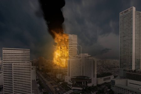 Foto de View of building on fire in the city. War background concept. - Imagen libre de derechos