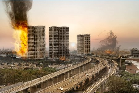 Foto de View of building on fire in the city. War background concept. - Imagen libre de derechos