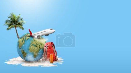 Foto de Globe, airplane, and backpack on a colored background. Ready for traveling. Traveling concept - Imagen libre de derechos