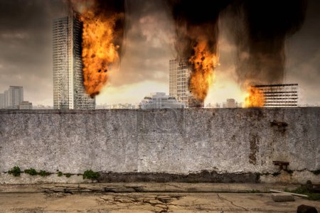 Photo for Burned and destroyed building in apocalypse city. A building is on fire and burning down - Royalty Free Image