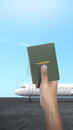 Photo for Human hand holding a passport for traveling on the runway. Traveling concept - Royalty Free Image