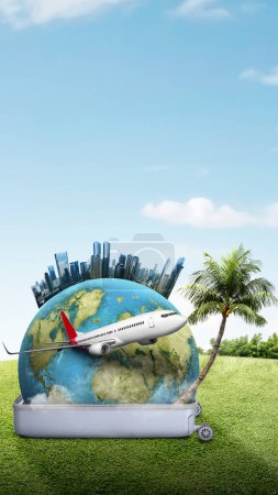 Photo for Opened suitcase showing a globe and flying airplane with a blue sky background. Ready for traveling. Traveling concept - Royalty Free Image