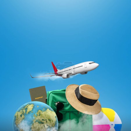 Photo for Flying airplane with globe, suitcase, passport, and beach hat on a colored background. Ready for traveling. Traveling concept - Royalty Free Image