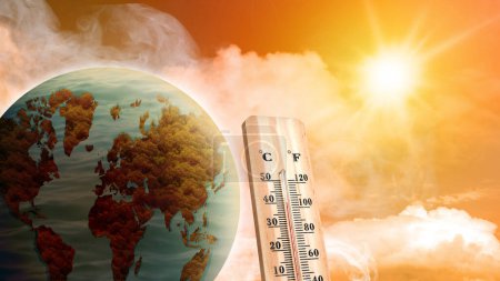 Foto de High temperature weather on summer seasons. Image of  thermometer near globe on a sun heat. Climate exchange concept. - Imagen libre de derechos