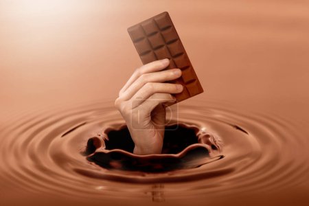 Foto de Human hand holding the chocolate bar on melted chocolate. World Chocolate Day concept - Imagen libre de derechos