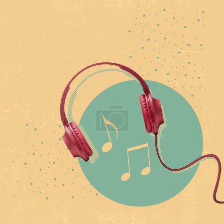 Stylized image featuring a pair of red vintage headphones with two floating musical notes, set against a pastel yellow background with a teal circle and decorative dots
