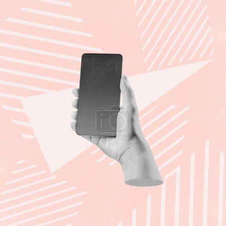 Illustration of a hand holding a smartphone with a blank screen, featuring a stylish halftone effect on a pastel pink background with white abstract geometric patterns