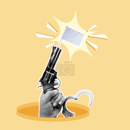 Surreal image of a hand emerging from a hole, firing a vintage gun that shoots a blank flag, against a yellow backdrop, symbolizing nonviolence or ceasefire