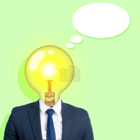 Creative concept of a professional businessman with a glowing lightbulb head against a green background, symbolizing innovative thinking, ideas, inspiration, and problemsolving in business