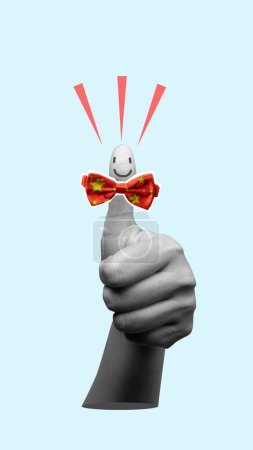 A whimsical combination of grayscale hand giving thumbs up with a colorful easter egg and bow tie against a pastel blue background encapsulating a festive easter greeting