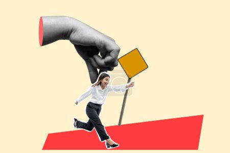 Cheerful businesswoman confidently strides forward holding a blank sign, as a giant hand looms overhead pointing the way against a splitcolor background, symbolizing guidance and motivation